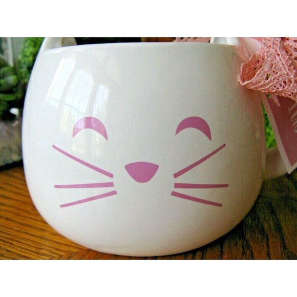 New XL Pink & White Cat Ceramic Coffee Tea Mug Cup w/ Bow - Picture 2 of 8
